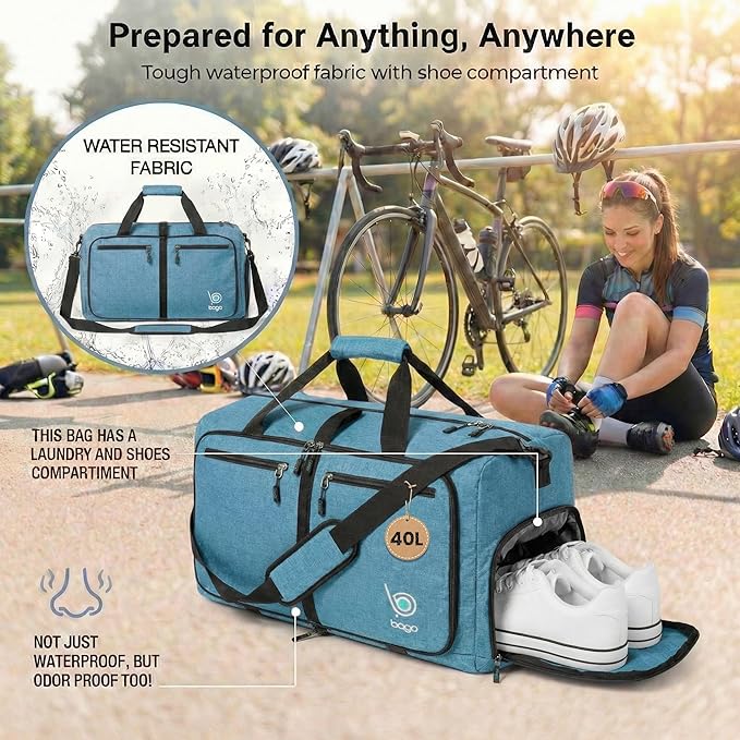 Bago Compact Duffle Bag for Travel Women & Men. Durable Lightweight Foldable Travel Duffel Bags For Traveling Women. 40L Duffle Bags a Reliable Weekender duffel or Overnight Bag With Shoe Compartment