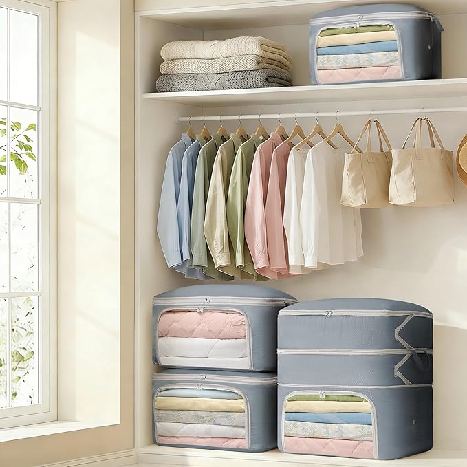 Comforter Storage Bag - 130L Blanket Storage Bags Front-opening Ultra Space Saving Self Compression Organizer, Washable Compression Bags for Storage Comforter Blanket, 1 Pack, Grey