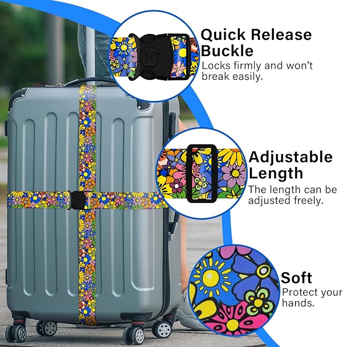 2 Pack Luggage Straps for Suitcases, Adjustable Travel Belt with Double Lock and Quick Release Buckle, Heavy Duty Nylon Bag Packing Strap, Bright Identifiers Business Travel Accessories-Sun Flowers