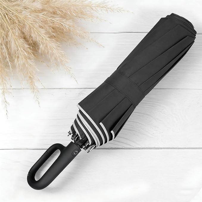 SIEPASA Travel Umbrella with Carabiner Handle - Windproof 10 Ribs Auto Open/Close for Rain & Sun Protection, Compact Portable Clip-on Backpack Design with Safety Reflective Strip.