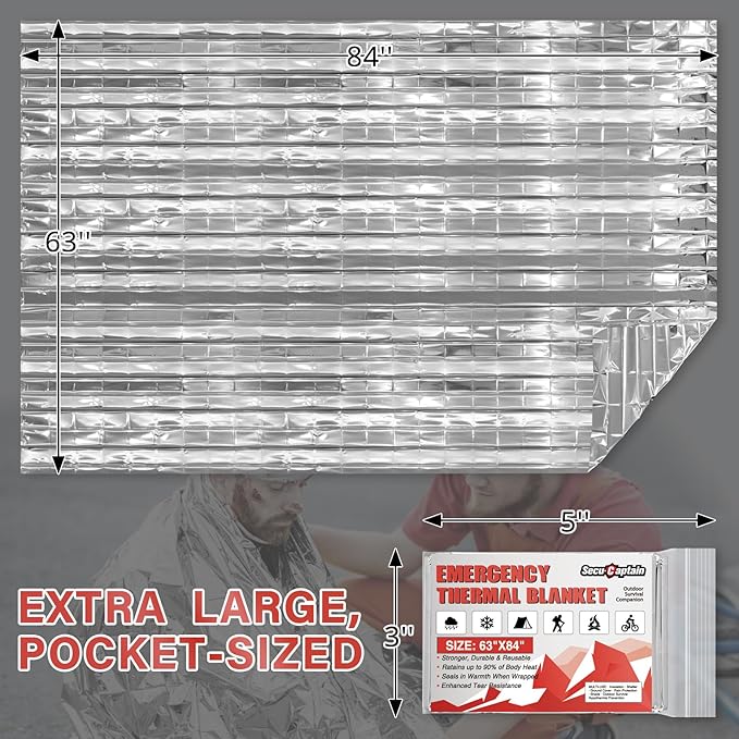 SecuCaptain Survival Emergency Thermal Blankets: 50 Pack Extra Large 84” x63” Space Mylar Blanket Kit for Outdoor Cold Winter Camping Hiking Car Bug Out Bag or First Aid