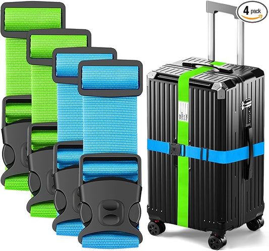 BILIONE Luggage Straps Adjustable Suitcase Belt, Lockable Against Accidental Opening, Easy to Identify Travel Accessories, Add a Bag Connector Holds Suitcase Together (4, Vibrant Blue + Green)
