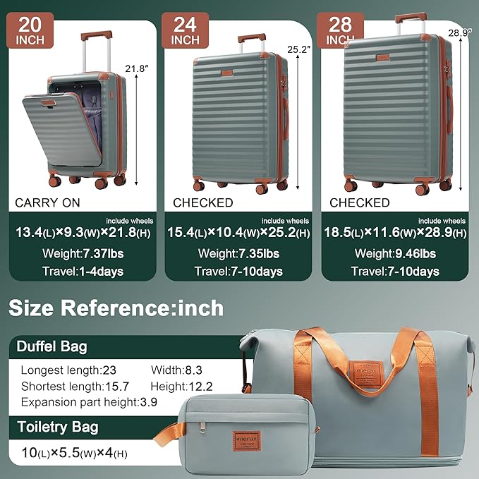 Merax Luggage Sets Front Opening, 3 Piece Hardshell Suitcase with Spinner Wheels and Bags,Lightweight Carry on Luggage with USB Port and Cup Holder,20+24+28,Grey Green