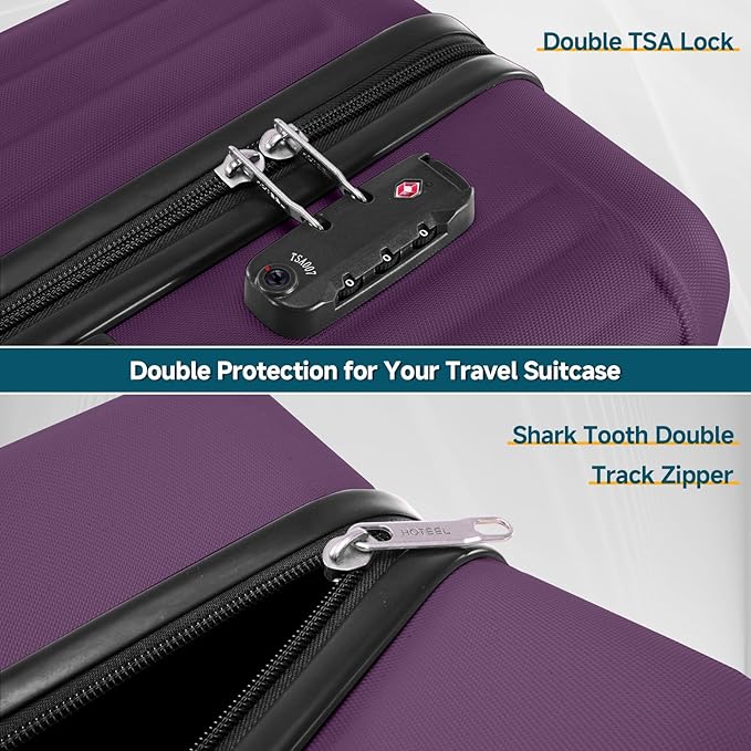 Hoteel 20Inch Luggage 3-piece Set, 360° Universal Suitcases with Wheels Hard Shell Suitcase with TSA Lock, Including Waterproof Luggage Bag, Travel Maletas for Men and Women,Purple