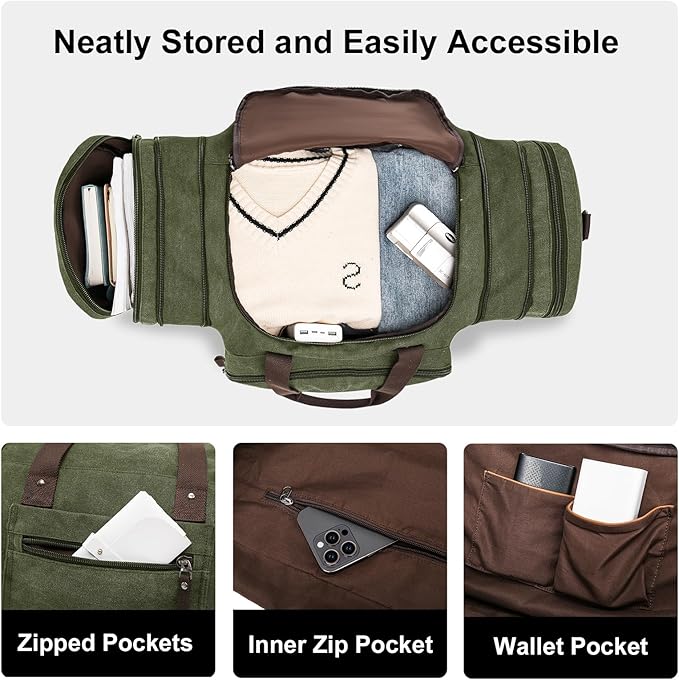 Canvas Expandable Duffle Bag for Men Traveling, Luggage Travel Bag Weekender Overnight Bag,Mens Gym Carry on Duffel Bags