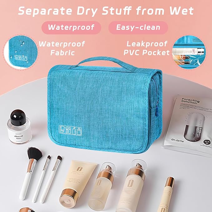 Toiletry Bag Travel Bag with Hanging Hook, Waterproof Capacity Hanging Multifunctional Makeup Bag for Toiletries, Portable Cosmetic Bag Travel Organizer for Women and Men(Sky Blue)