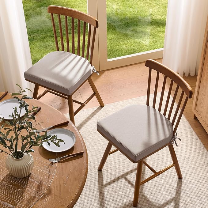 downluxe Chair Cushions for Dining Chairs, Memory Foam Linen Kitchen Chair Pads with Ties, Waterproof, Stain-Resistant and Washable Cover, 17" x 16" x 2.5", Beige, 4 Pack
