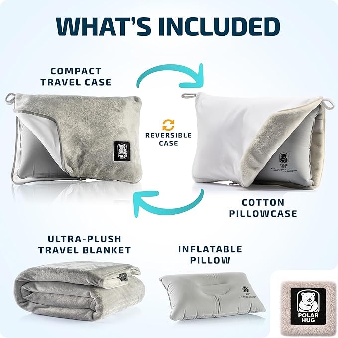 Travel Blanket and Pillow Set — Airplane Blanket with Inflatable Pillow and Cotton Pillowcase, Travel Blanket Combo with Back-Neck Snaps for Long Flights