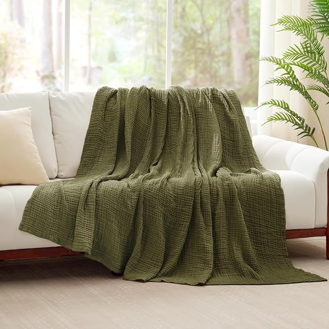 100% Cotton Muslin Blanket 40" x 40", Breathable and Lightweight Cotton Throw Blankets, Soft Cooling Summer Gauze Blanket for All Season, Oive Green