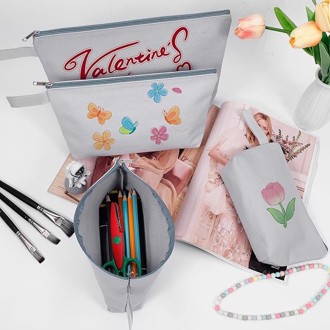 10 Pieces Cotton Canvas Makeup Bag with Bottom and Strap, Multi-Purpose Cosmetic Bag with Zipper Travel Toiletry Pouch, Blank DIY Craft Bag (Grey, S)