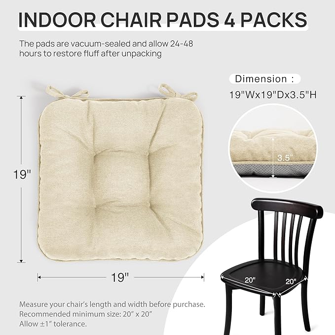 Love's cabin Memory Foam Chair Cushions Set of 4, 19"x19"x3.5" Indoor & Outdoor Seat Pads for Dining, Kitchen, Office, Patio Chairs - Beige