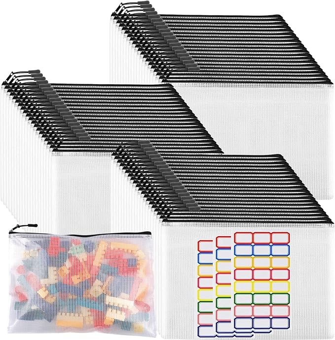 YOPCDJ 60pcs Large Mesh Zipper Pouch File Bags Reusable Zippered Pouches for Organizing Classroom, Board Game Storage, Puzzle Bags Black