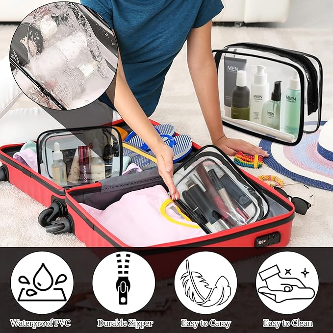 4 Packs Large Clear Comestic Bag, Waterproof Clear Makeup Toiletry Organizer Pouch, Reusable PVC Plastic Storage Bags with Zipper for Travel (4, Black)