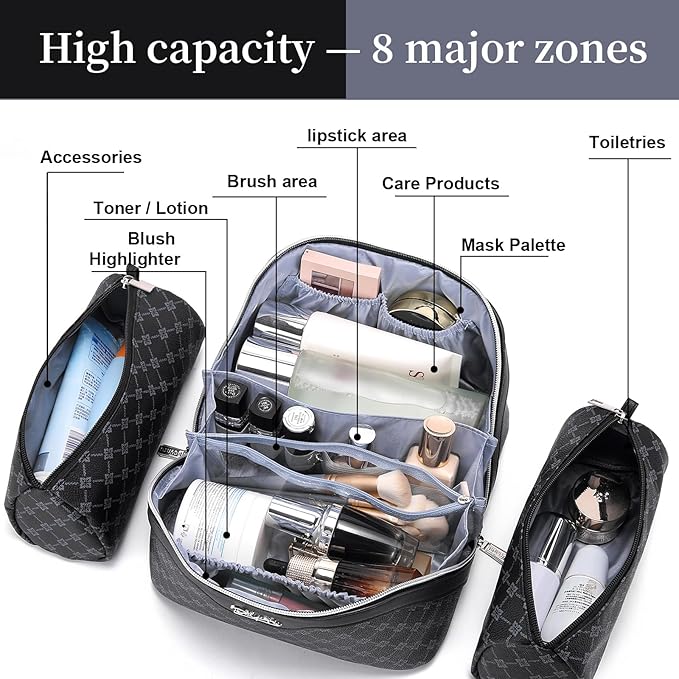 BOYATU Travel Makeup Bag Cosmetic Bags for Women: 3 Pcs Set Large Capacity Make up Bag with Handle - Vegan Leather Toiletry Bags with Compartments - Makeup Organizer for Travel Essentials(A-7-Black)