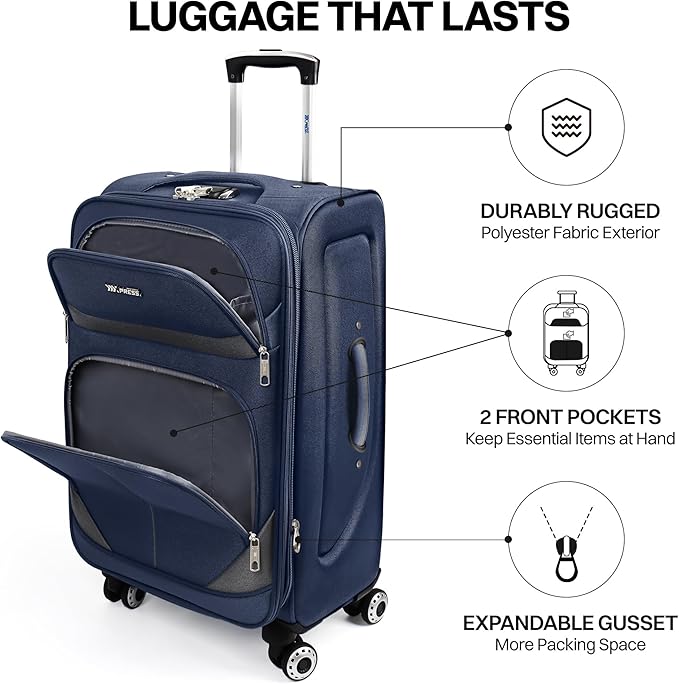 28" Large Softside Expandable 15% Checked Luggage with Double Spinner Wheels LOCK,Lightweight Travel Suitcase for Men/Women（Navy-Grey,28in）