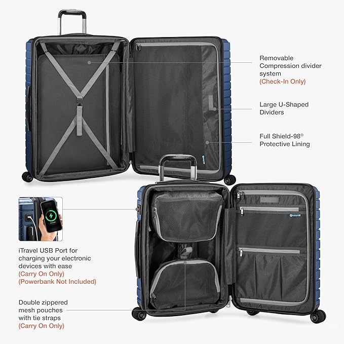 Traveler's Choice Archer Polycarbonate Hardside Spinner Luggage Set, Blue, Carry-On 21-Inch, Tie Down Straps