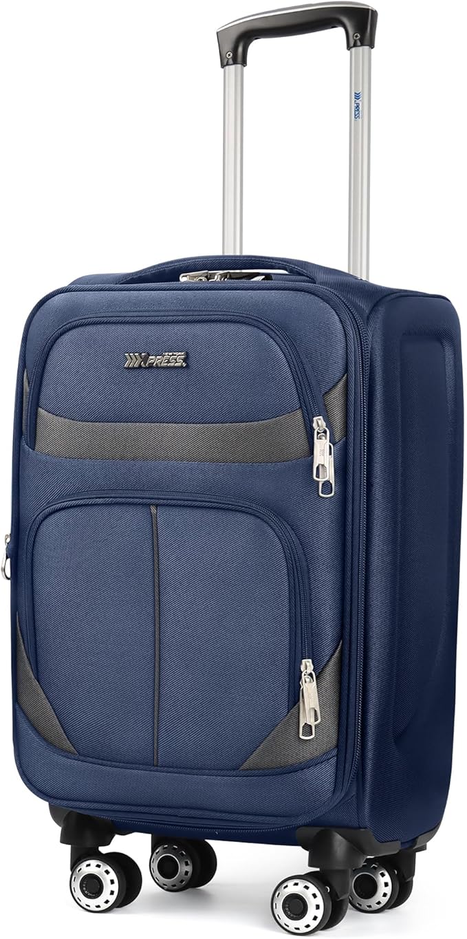 24'' Softside Expandable 15% Rolling Luggage with Double Spinner Wheels & w/LOCK,Lightweight Travel Luggage for Men Women（Navy-Grey,24in）