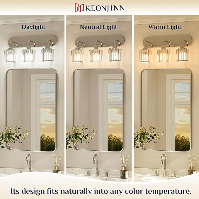 Keonjinn 4-Light Chrome Bathroom Light Fixtures Over Mirror, Crystal | Vanity Lighting Fixture with Crystal Square Shades, Dimmable, Modern Style, Compatible with E26 Base LED Bulbs (Exclude Bulb)