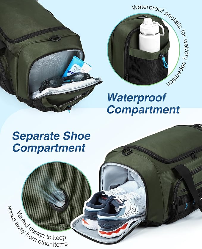 BAGSMART Gym Bag for Men & Women, Sports Travel Duffel Bag Carry-on Bag, Lightweight Weekend Overnight Bag with Shoe Compartment & Wet Pocket, Water-resistant Workout Duffle Bag for Travel Gym -Green