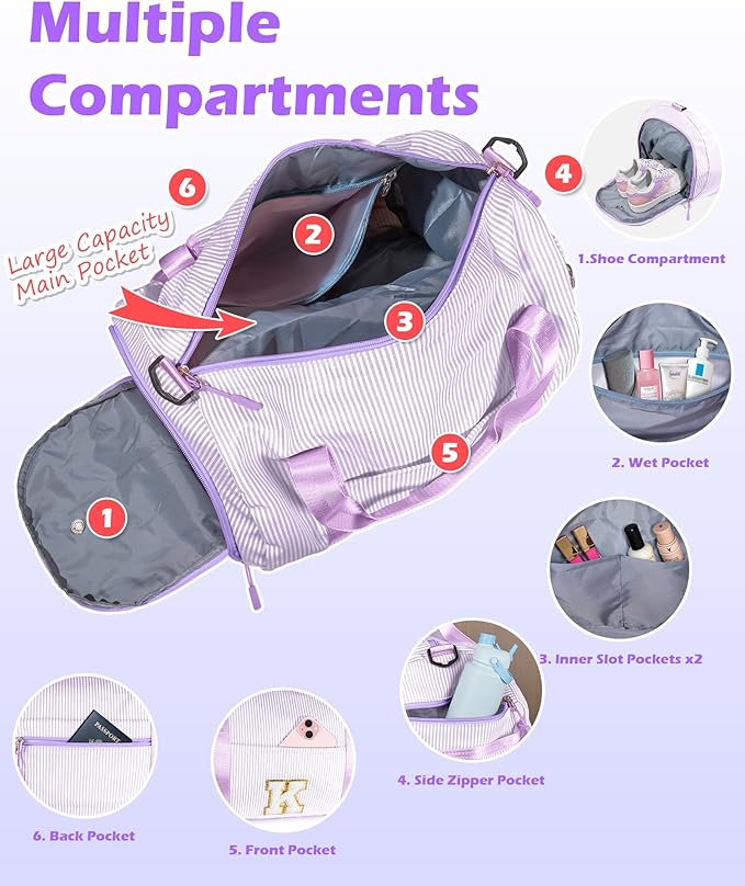 Cheer Bag-5 Year Old Girl Birthday Gift Idea, Girls Travel Duffle Bag, Kids Overnight Duffel Bags with Shoe Compartment, Personalized Gym Bags with Cosmetic Pouch, Teen Girl Gifts (Letter K)