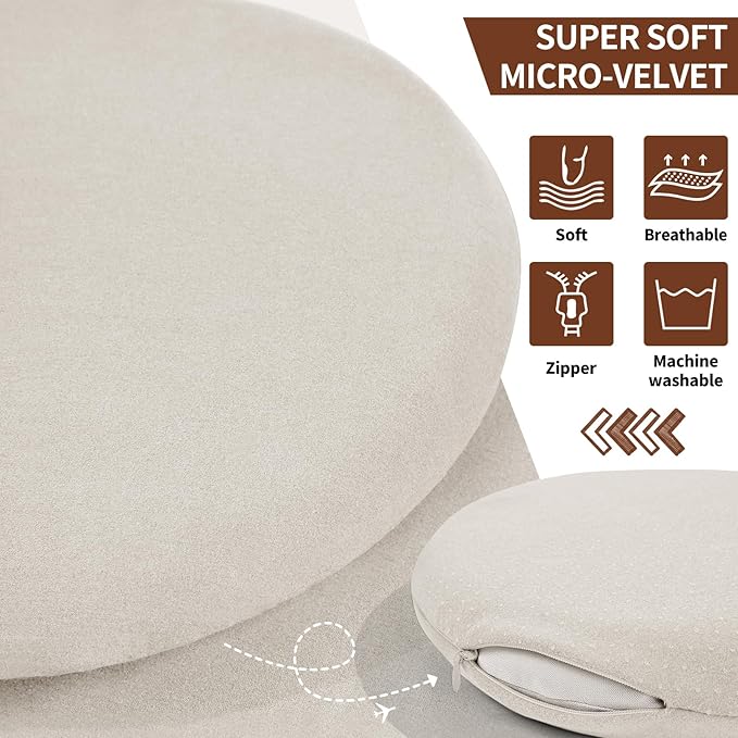 BUYUE Memory Foam Seat Cushion, Dia 15" Soft Velvet Round Stool Cushion Anti-Slip Chair Pads, M, Light Grey