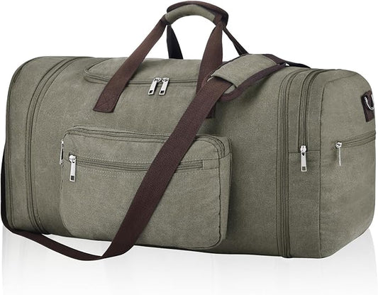 Felipe Varela 60L Duffle Bag for Men, Large Expandable Canvas Duffel Bag for Travel, Mens Carry On Luggage Bag Traveling Weekender Gym Overnight Bags for Airplanes, Green