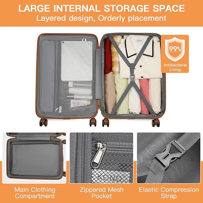 Kono Expandable Luggage 3 Piece Set Hardshell Lightweight 20in 24in 28in Carry On Suitcase with Spinner Wheels TSA Lock (Cream White & Brown)