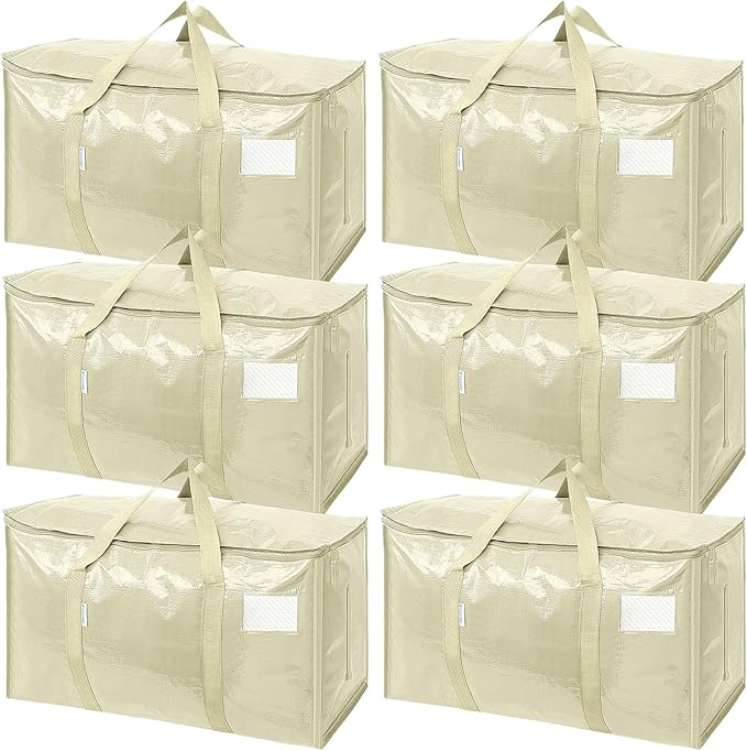 TICONN 6 Pack Extra Large Moving Bags Heavy Duty with Zippers & Carrying Handles, Durable Storage Bags Moving Boxes for Closet Organizers and Storage (6 Pack, Cream)