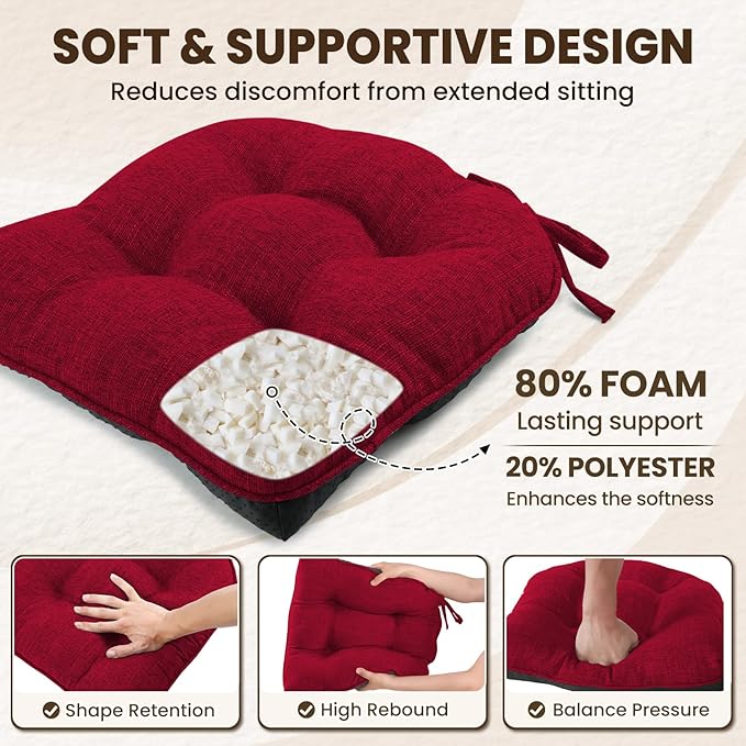 downluxe Indoor Chair Cushions for Dining Chairs, Tufted Overstuffed Textured Kitchen Chair Pads with Ties and Non-Slip Backing, 15.5" x 15.5" x 4", Red, 4 Pack