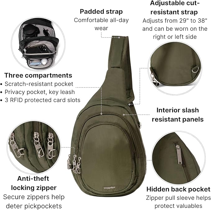 Baggallini Securtex® Anti-Theft Multi Zip Sling - Lightweight 8.6"x15.2" Travel Bag with Locking Zippers & RFID Protection