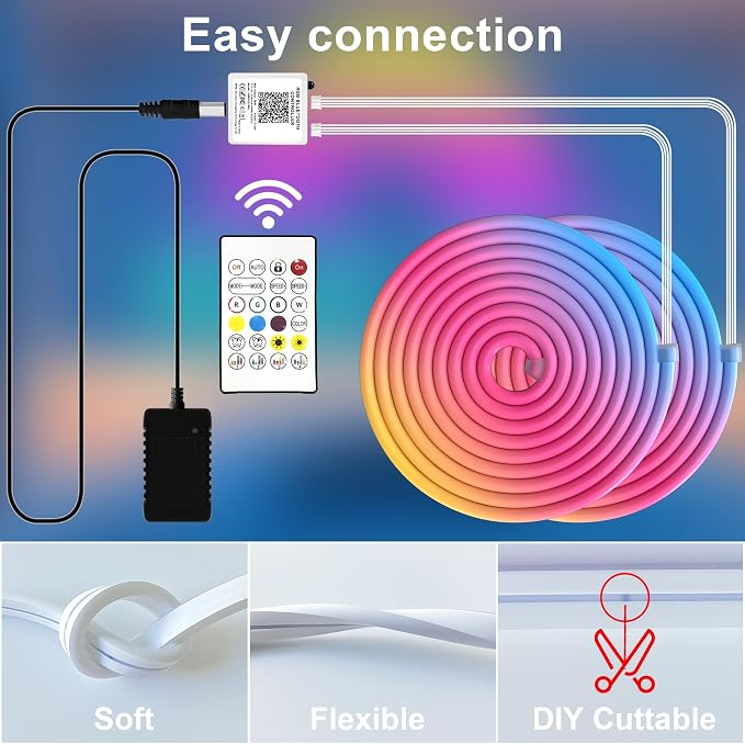 Cozylady 12M(2 Roll 6M) RGB Neon Lights LED Rope Light,40ft Waterproof Bluetooth APP Remote Control Music Sync Strip Light,24V Flexible DIY Silicone Light for Bedroom Home Indoor Outdoor Decor(40ft)