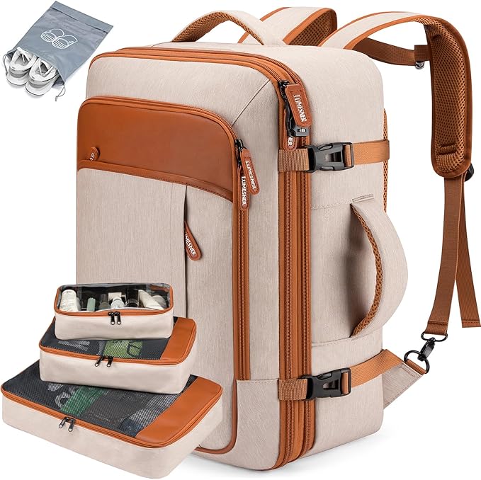 Lumesner Carry on Travel Backpacks, Extra Large 40L Flight Approved Bag for Men & Women,Expandable Suitcase Backpack With 4 Packing Cubes,Water Resistant Luggage Daypack Business Weekender Bag, Beige