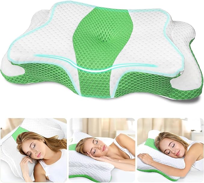 Memory Foam Pillows, Cervical Pillow for Neck and Shoulder Pain Relief, Ergonomic Contour Bed Pillow, Soft for Side Sleep Stomach Sleeping and Back Sleeper-Queen Size&Green