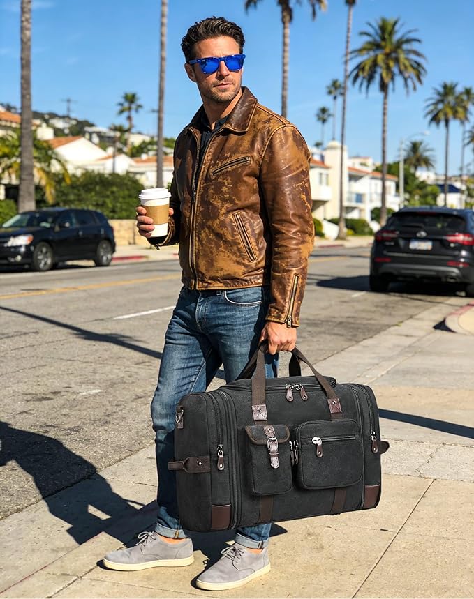 Canvas Duffle Bag for Travel, 55L Weekender Overnight Bag for Men & Women, Vintage Carry on Bags for Airplanes