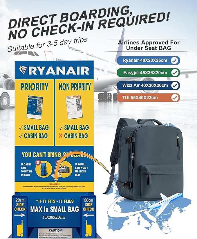 Travel Backpack for Women Men for Spirit Airlines Personal Item Bag 18x14x8 Inches Laptop College Waterproof Carry on Flight Approved Work Backpack Mochila de Viaje, Large Grey Blue