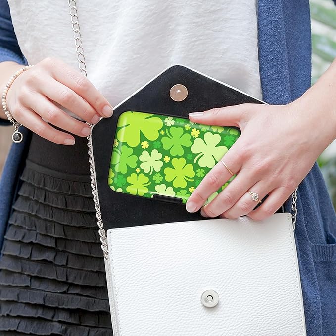 Mayski Credit Card Holder, RFID Blocking, Aluminum Alloy Hard Case, Small Mini Business Metal Wallet for Women Men, Lucky Clover