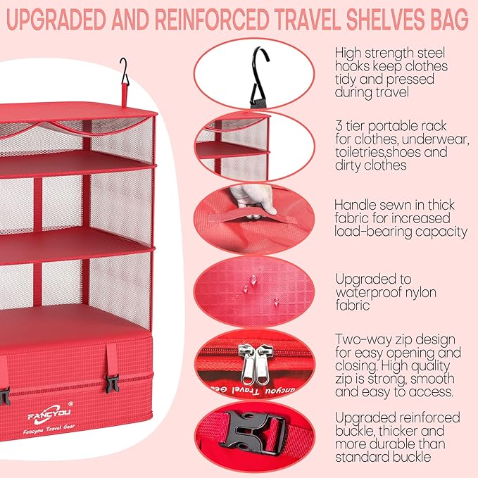 Compressible Packing Cubes Portable Hanging Closet Shelves 17"x12"x24" Extendable Travel Organizer Nylon Packing Bags for Suitcase