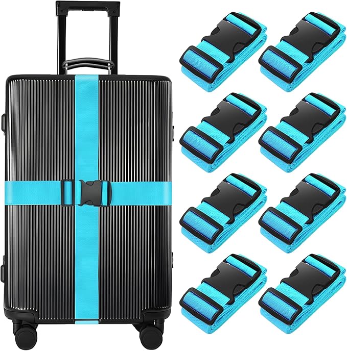 BILIONE 8 Pcs Luggage Straps, 79" Long Belts Keep Suitcase Secure While Traveling, TSA Approved Add a Bag Premium Accessory for Travel Bag Closure (8Pcs Blue)