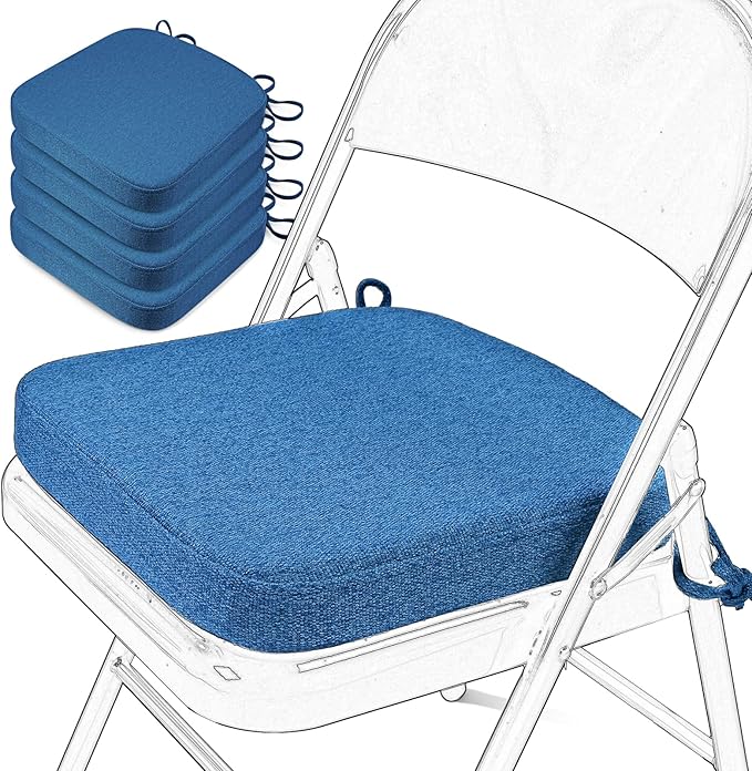 SINOSSO Memory Foam Chair Cushions for Folding Chairs 4 Pack, Thickened 2" Square Pads with Ties for Kitchen Chairs, Indoor Non-Slip Dining Chair Seat Cushions (4 Pcs, Dark Blue)