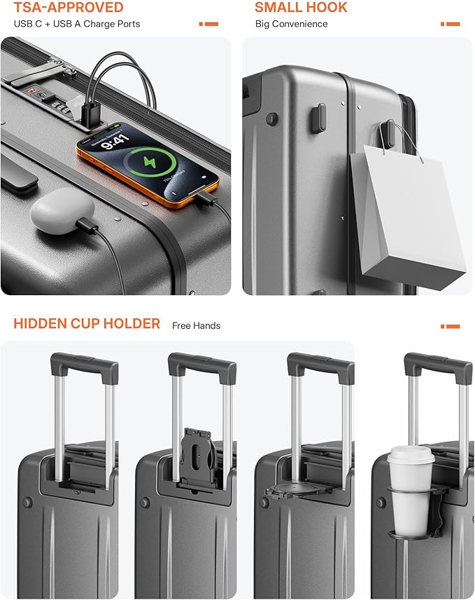 20IN Carry On Luggage,Top Opening Aluminum Frame Hardside 100% PC Airline Approved Suitcase -with TSA Lock,Cup Holder,USB Charge,Side Pothook, 360°Spinner Wheels-Grey