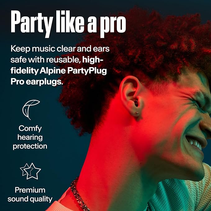Alpine PartyPlug Concert Ear Plugs - Noise Reduction Ear Plugs for Party, Concert, Festival and Music - Reusable Earplugs (Pro Black (Multisize))