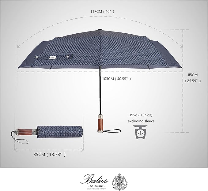 Balios (Designed in UK) Travel Umbrella Luxurious Golden Hardwood Handle Auto Open & Close Windproof Frame Single Canopy Automatic Folding Umbrella Men's & Ladies