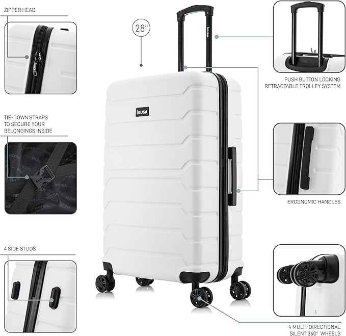 InUSA TREND Luggage with Spinner Wheels | Durable Lightweight Hardside Suitcase, Travel bag with Handle and Trolley, 28-Inch Large Checked luggage | White