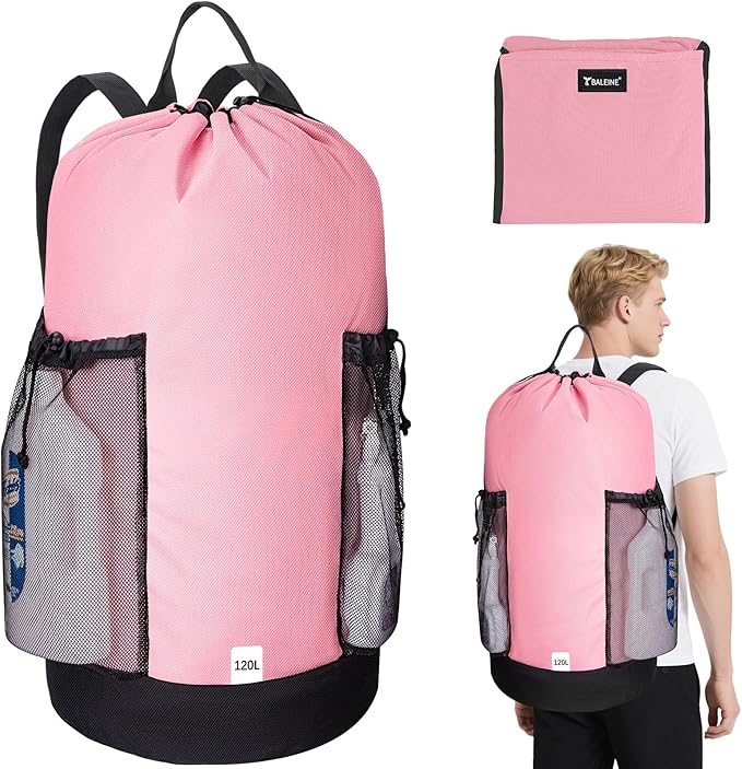BALEINE 2PK 120L Laundry Bag Backpack, 900D Oxford Fabric Large Travel Laundry Bags with Shoulder Straps and 2 Mesh Pockets for College Dorm, Apartment, Laundromat (Pink, 120L)