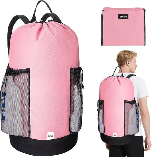 BALEINE 2PK 120L Laundry Bag Backpack, 900D Oxford Fabric Large Travel Laundry Bags with Shoulder Straps and 2 Mesh Pockets for College Dorm, Apartment, Laundromat (Pink, 120L)
