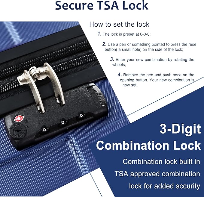 24 Inch Checked-Large Luggage, Lightweight ABS Hard Shell Suitcase with Spinner Wheels, Expandable Travel Luggage with Combination Lock & Side Hooks for Men Women, Blue