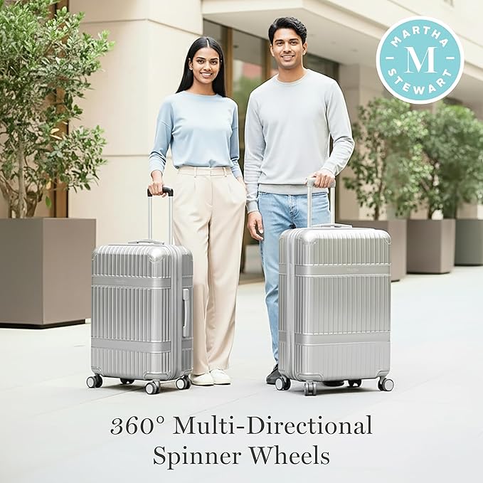 Martha Stewart The Bedford 3 Piece Rolling Luggage Set, Hardshell Suitcases with Spinner Wheels, 22/26/30 Inch, Silver