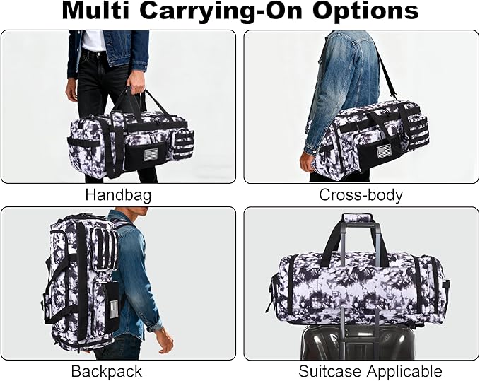 LHI 50L Tactical Duffle Bag for Men, 3-in-1 Gym Duffle and Backpack, Shoe Compartment, Laptop Sleeve and MOLLE, Carry-On Travel Weekender and Overnight Bag – Black and White