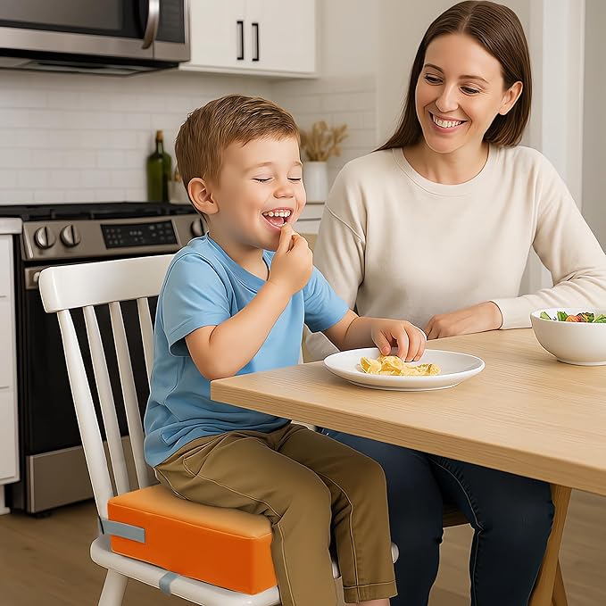 Toddler Booster Seat Dining Table Kitchen Chair, Waterproof Anti-Scratch PU Cushion, Non-Slip Bottom, Adjustable Buckle Straps, Easy Clean Portable Seat Cushion (Orange)