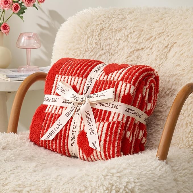 Snuggle Sac Red Heart Checkered Blanket for Women,Valentines Day Heart Blankets for Her Wife Girlfriend Mom,Super Soft Warm Fluffy Faux Fur Blanket for Couch Sofa Bed,Red Heart,50x60 inches
